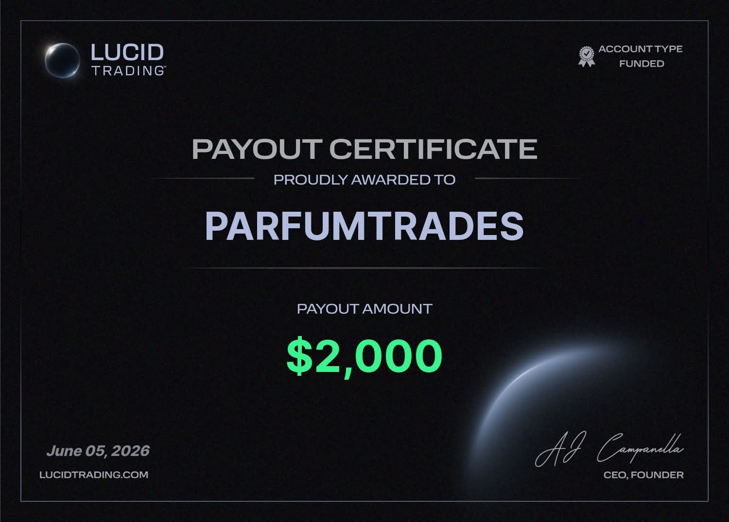 parfumtrades Lucid Trading $2,000 payout certificate